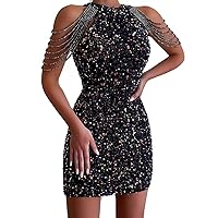 Sequins Mini Dress for Women Hot Drilling Tassel Dress Slim Party Dress Sexy Club Night Dress Wrap Hip Dresses