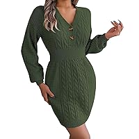 XJYIOEWT Women's Formal Dresses Long Sleeve,Women Long V Neck Button High Elastic Knit Striped Dress Sweater Long Beach