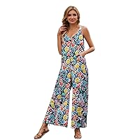 Womens Summer Wide Leg boho Casual Jumpsuit Plus Size Floral Overalls One Piece Jumpsuit with Pocket