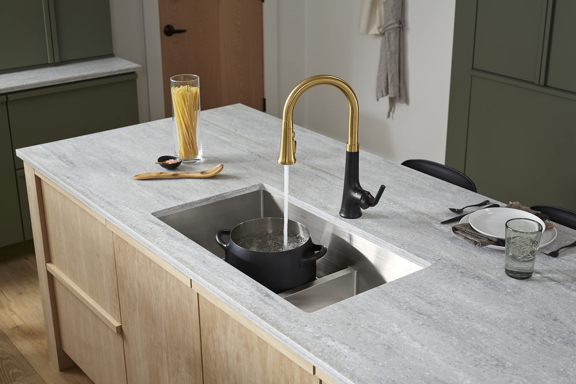 Kohler 23766-WB-BMB Tone Voice-Activated Sink, Touchless Kitchen Faucet with Pull Down Sprayer, Matte Black Moderne Brass