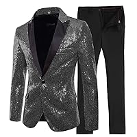 Lovee Tux 2 Pieces Shiny Sequin Mens Suit Slim Fit One Button Peak Notch Lapel Tuxedo for Wedding Party (Blazer+Pants)