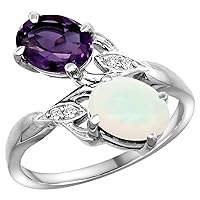 Silver City Jewelry 10K White Gold Diamond Natural Amethyst & Opal 2-Stone Ring Oval 8x6mm, Sizes 5-10