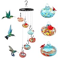 Charming Wind Chimes Hummingbird Feeder for Outdoors Hanging ant and Bee Proof, Unique Hand Blown Glass Humming Bird Feeder Perfect Garden Decor for Window Garden Patio(Multicolor)