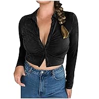 Women Sexy Button Down Cropped Shirts Long Sleeve V Neck Short Blouses Going Out Crop Tops Fashion Collar Shirt