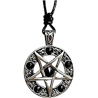 Inverted Pentagram Star Black Crystal Silver Pewter Pendant Necklace Black Cord