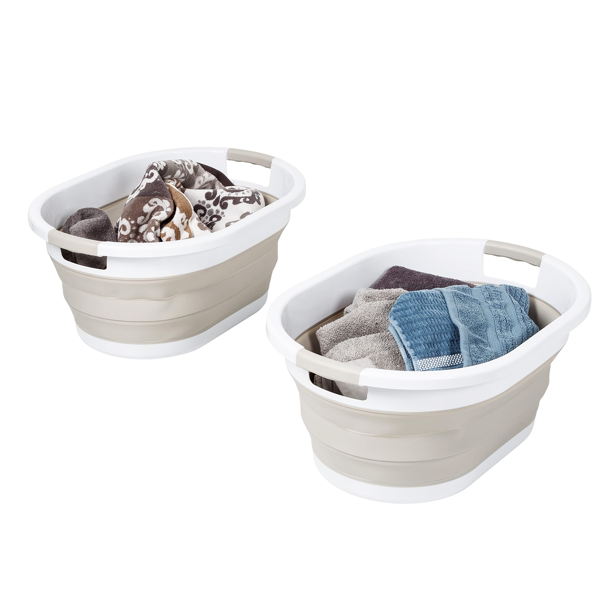 Honey-Can-Do Set of 2 Collapsible Rubber Laundry Baskets with Handles, Warm Grey & White HMP-09824 Grey