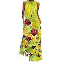 Floral Maxi Dress for Women Summer Aesthetic Print Sleeveless Bohemian Dress V Neck Casual Long Dress with Pockets