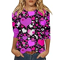 Womens Tops 3/4 Sleeve Shirts Round Neck Valentine's Day Shirts Cute Love Heart Graphic Tees Ladies Top