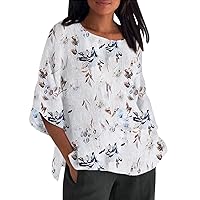 Women's Cotton Linen Tunic Shirts Print Summer Tops 3/4 Sleeve Blouse Tshirts Bohemian Style Clothes 2024