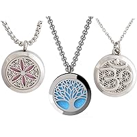 Wild Essentials 3 Necklace Set, Tree of Life, Flower of Life, Aum (OM) Essential Oil Diffuser Necklace Stainless Steel Locket Pendants with 24 inch Chains, 36 Refill Pads, Color Changing Jewelry
