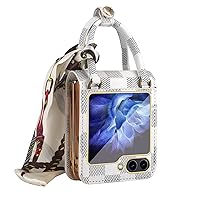 Premium Leather Case for Samsung Galaxy Z Flip 5 with Hand Grip and Silk Scarf Chain Wrist Strap - Shockproof Protective Cover for Galaxy Z Flip 5 Case, Checker White