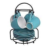 IMUSA USA 8pc 3oz Blue and White Espresso Cups & Saucers Set w/Storing Rack, 8pc, Teal