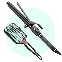 Value Bundle Luxury Boar Bristle Paddle Brush and Professional Series Curling Iron 1 inch by MINT | Extra-Long 2-Heater Ceramic Barrel That Stays Hot. Travel-Ready Dual Voltage.