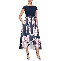 S.L. Fashions Women's Stretch Jersey Cap Sleeve Floral Hi-lo Dress with Tie Belt