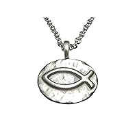 Silver Toned Pewter Oval Religious Ichthys Fish Pendant Stainless Steel Chain Necklace
