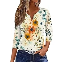 Women's Henley Tops,3/4 Length Sleeve Womens Tops Button Henley V Neck Shirts Henley 2024 Summer Blouses Dressy Fashion Print Clothes Womens Tops 3/4 Length Sleeves
