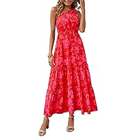 PRETTYGARDEN Women's Floral Maxi Dress 2024 Knot One Shoulder Sleeveless Ruffle Hem Flowy Boho Dresses