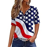 American Flag T Shirt Women USA Star Stripes Fourth July Tee Shirts Casual Short Sleeve Henley V Neck Patriotic Tee Tops