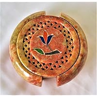 Natural Marble Soapstone Tea Coasters, Set of 7 in a Holder, Hand-Carved Inlay Flowers Design [Semi-Precious Stones], Handicraft from India