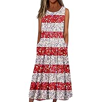 Womens Casual Summer Dresses 2024 Independence Day Print V-Neck Buttons Comfy Vintage Boho Midi Dress with Pockets