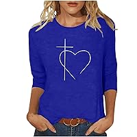 Easter Shirts for Women Christian Religious Top 3/4 Sleeve Crewneck Blouse Funny Jesus Cross Graphic Tee Heart Print Pullover