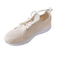 Womens Air Running Shoes Lightweight Sneakers Ladies Fashion Solid Color Breathable Knitted Mesh Lace Up Comfortable Flat Casual Sports Shoes