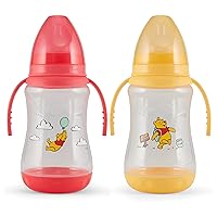 Disney 2 Pack 10 Ounce Baby Bottles with Character Prints and Colored Covers with Double Handle - BPA Free and Easy to Clean