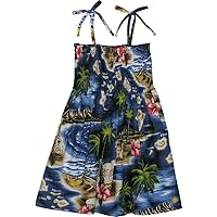 RJC Girl's Tropical Island Escape Hawaiian Smocked Dress Navy Blue 6X