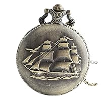 Retro Ancient Sailboat/Warships/Pirate Ship Pendant Quartz Pocket Watch Long Necklace with Gift Bag for Men/Women