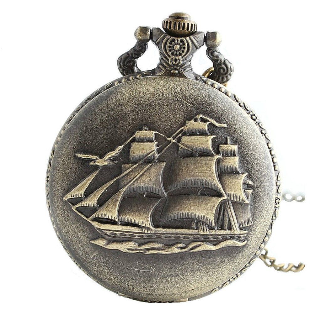 Infinite U Retro Ancient Sailboat/Warships/Pirate Ship Pendant Quartz Pocket Watch Long Necklace with Gift Bag for Men/Women