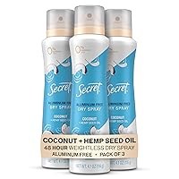 Secret Dry Spray Aluminum Free Deodorant for Women, Coconut and Hemp Seed Oil, 48Hr Odor Protection 4.1oz.(Pack of 3)