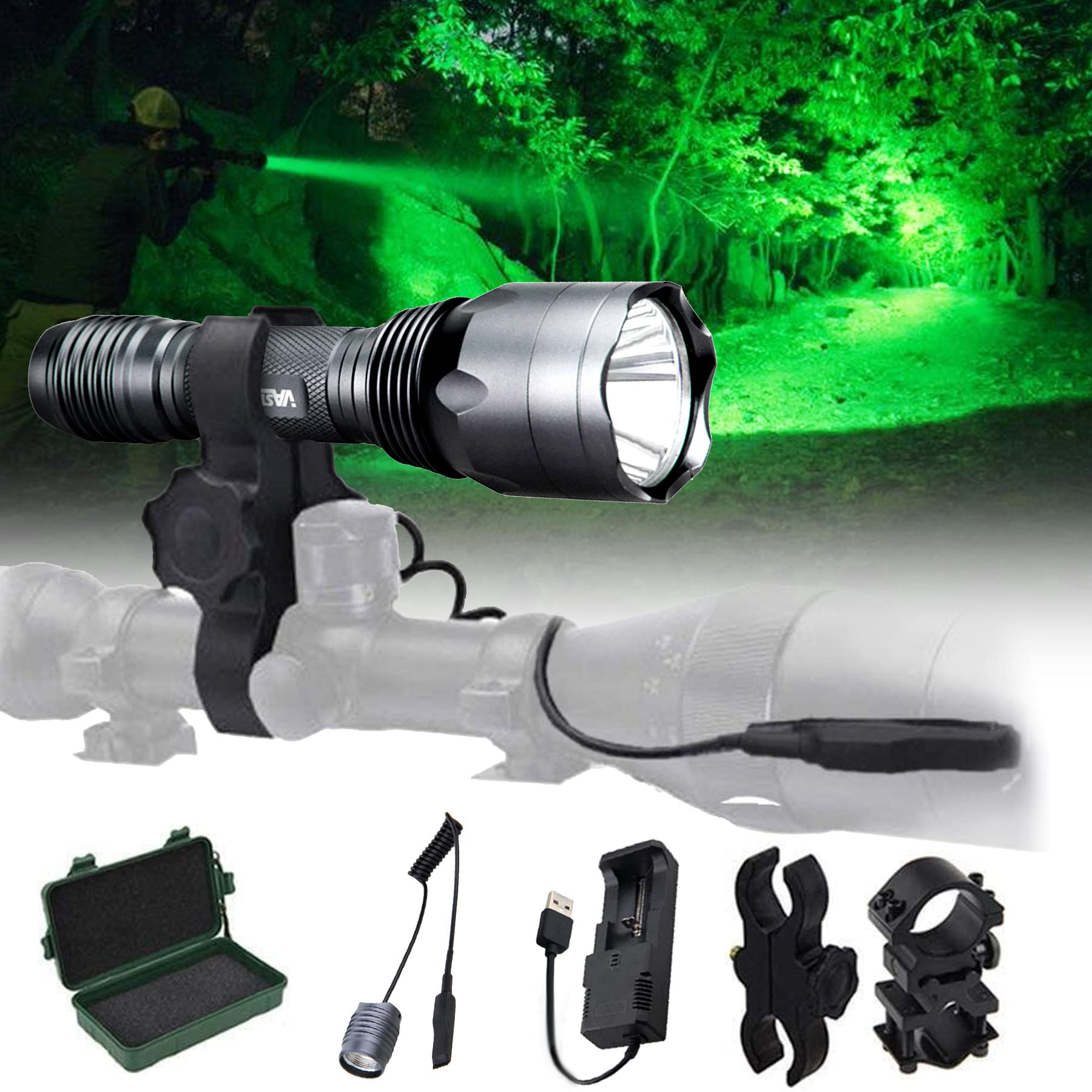 VASTFIRE 350 Yard LED Green Flashlight Kit Hog Predator Long Range Night Hunting Light Dual Pressure Switch Barrel Scope Mounts