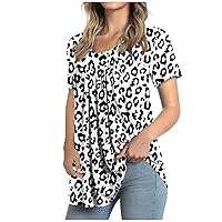 Womens Plus Size Tops Dressy Casual Crewneck Summer Short Sleeve Trendy Stripe/Leopard/Floral Print Flowy Blouse Tunic
