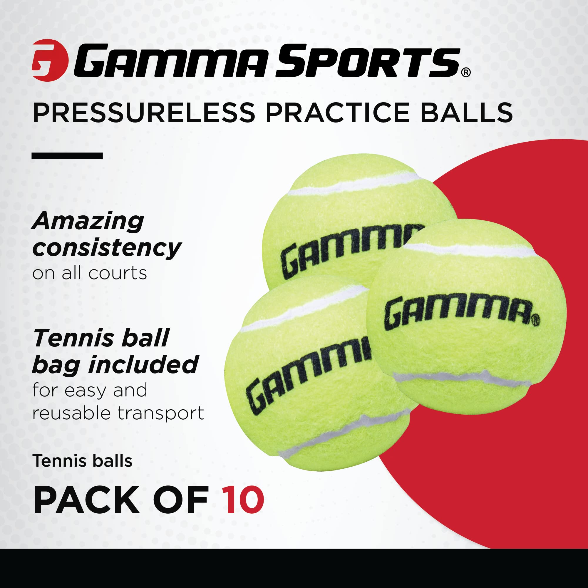 GAMMA Sports Pressureless Tennis-Balls with Mesh Tennis-Ball Bag 10 Pack