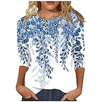 3/4 Length Sleeve Womens Tops Round Neck Fashion Loose Fit Shirts Solid Color Printing Holiday Tunic Blouse