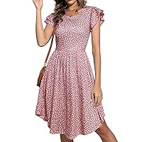 YATHON Casual Dress for Women Summer Round Neck Ruffle Cap Sleeveless Swing A Line Floral High Low Hem Sundresses with Pocket