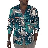 Funny Lemurs and Palm Leaves Mens Long Sleeve Shirts Casual Button Down Lapel T-Shirt Summer Beach Tee Tops
