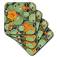 Art Nouveau Orange Nasturtium Flowers with Ladybirds - Ceramic Tile Coasters, Set of 4 (CST_216475_3)