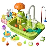 CUTE STONE Play Sink with Running Water, Kitchen Sink Toys with Upgraded Electric Faucet, Play Kitchen Toy Accessories, Pool Floating Fishing Toys for Water Play, Kids Role Play Dishwasher Toy