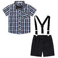 Boy Outfit Toddler Boys Short Sleeve Plaid Shirt Tops Shorts with Tie Child Kids Gentleman (Yellow, 3-4 Years)