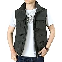 Flygo Men's Utility Casual Hooded Outdoor Work Fishing Travel Photo Vest Jacket with Pockets