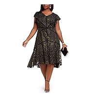 Women's Ruffle Sleeve Metallic Lace High Low Dress