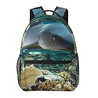 Casual Laptop Backpack Lightweight Shark Canvas Backpack For Women Man Travel Daypack With Side Pocket