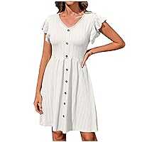 Summer Textured Tshirts Dresses for Women Ruffle Short Sleeve Scoop Neck High Waist Dress Pleated A Line Flowy Mini Dress