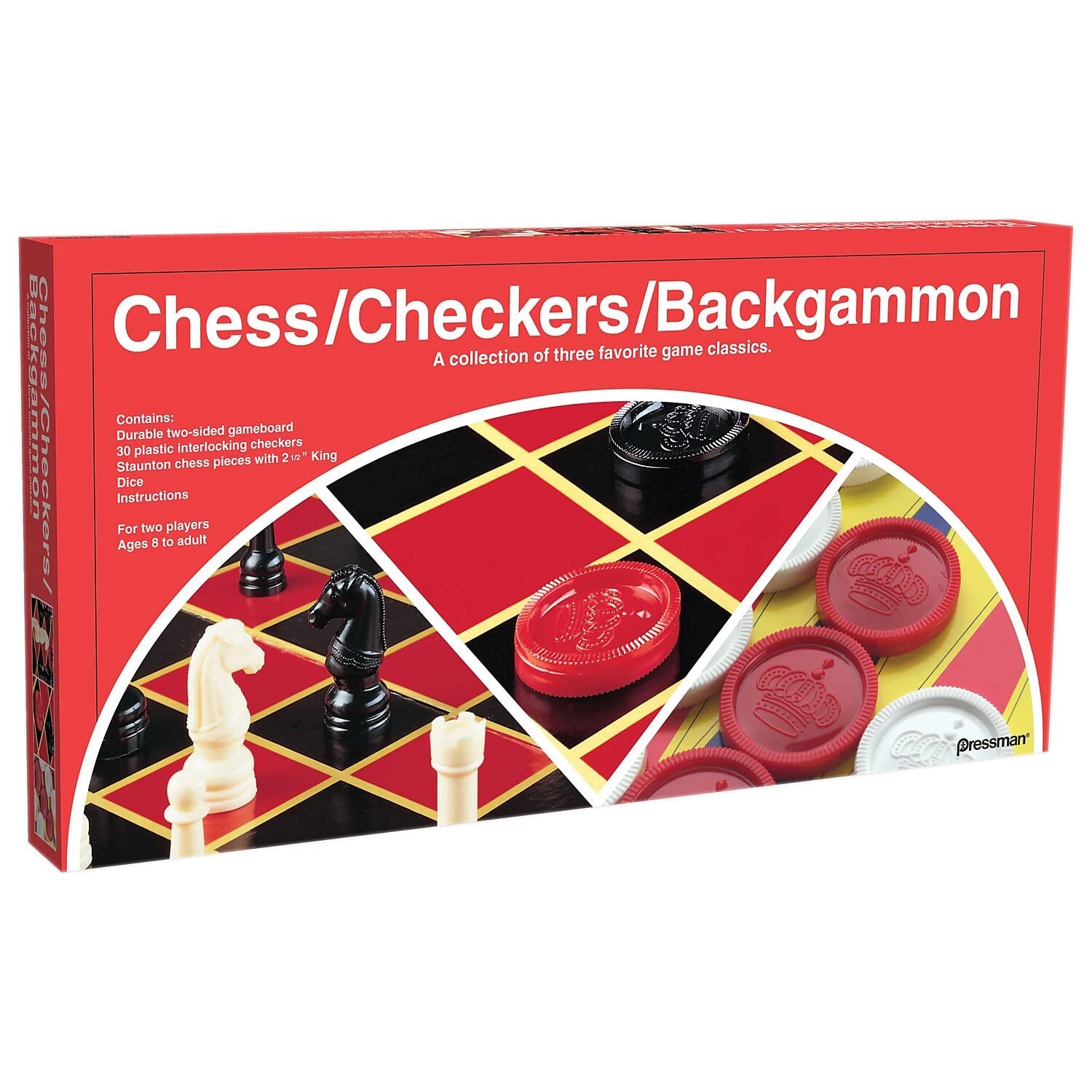 Pressman Chess / Checkers / Backgammon - 3 Games in One with Full Size Staunton Chess Pieces and Interlocking Checkers, 15.62 x 8.00 x 1.50 Inches