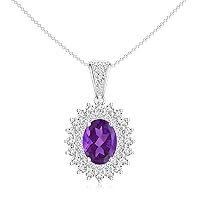 Natural Amethyst Oval Shaped Pendant Necklace with Diamond for Women in Sterling Silver / 14K Solid Gold/Platinum