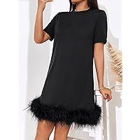 2023 Women's Dresses Fuzzy Trim Tee Dress Women's Dresses (Color : Black, Size : X-Small)