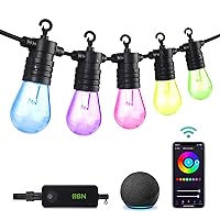 24ft Outdoor String Lights RGBW-Smart String Lights Color Changing, 12 Shatterproof Bulbs, 2.4 GHz Wi-Fi & Bluetooth App Control, Works with Alexa/Google Home, IP65 Waterproof-Patio/Party/Café