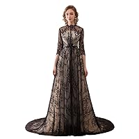 Women's Jewel 3/4 Sleeves A-Line Lace Pleated Evening Dress