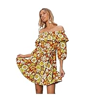 TINMIIR Women's Summer Dresses Floral Print Flounce Off Shoulder Belted Three Quarter Length Sleeve A-Line Dress